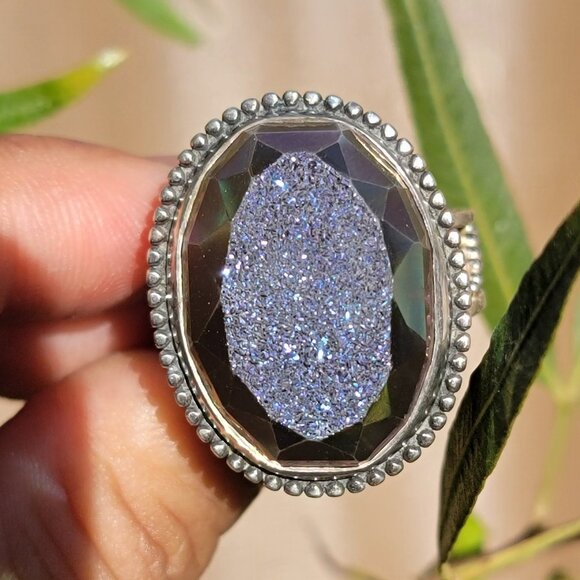 Designer Colleen Lopez purple flashy druzy 925 sterling silver heavy ring adjust - Picture 2 of 16